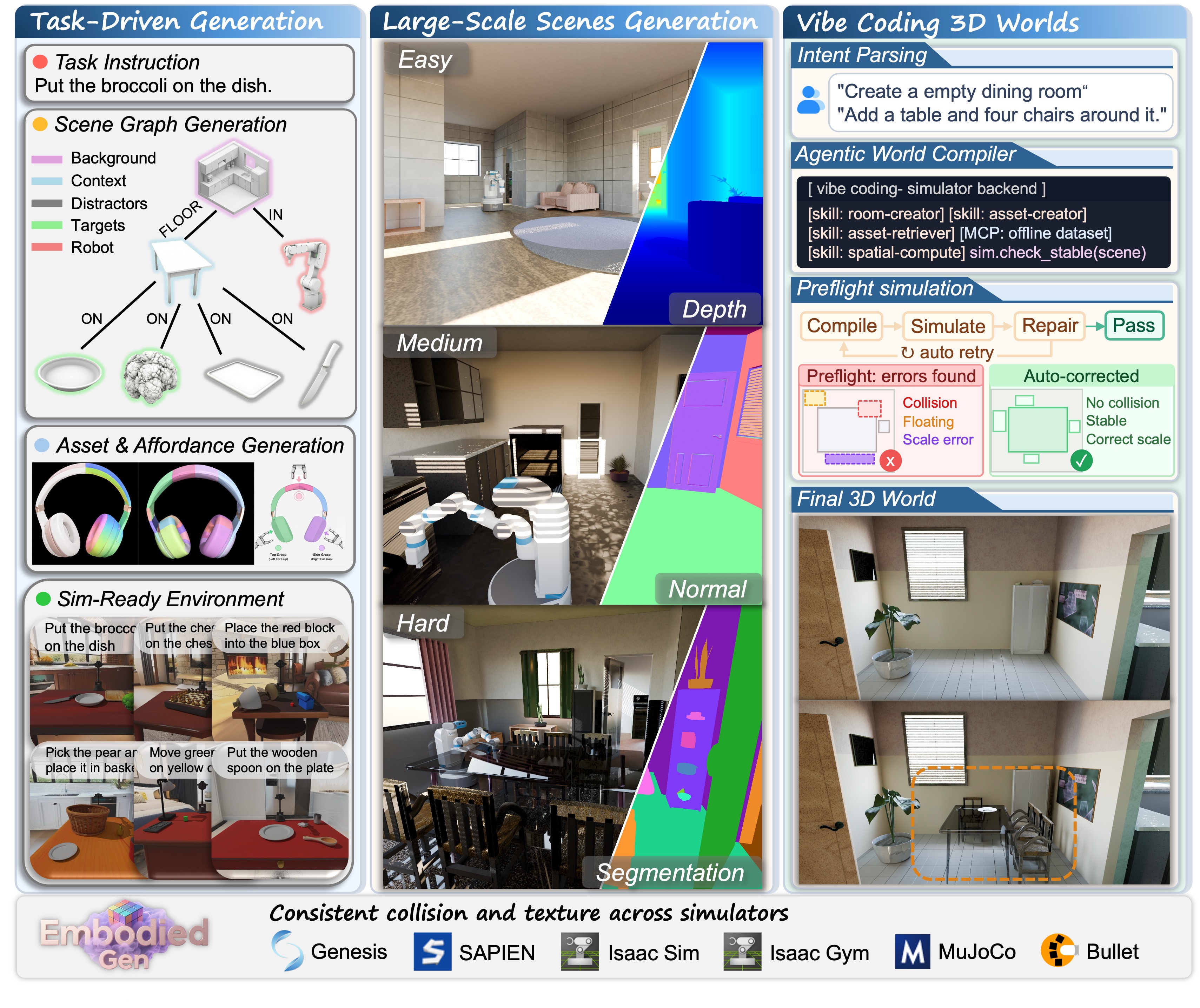 Overview of EmbodiedGen V2: task-driven generation, large-scale worlds, and Vibe Coding, deployable across simulators